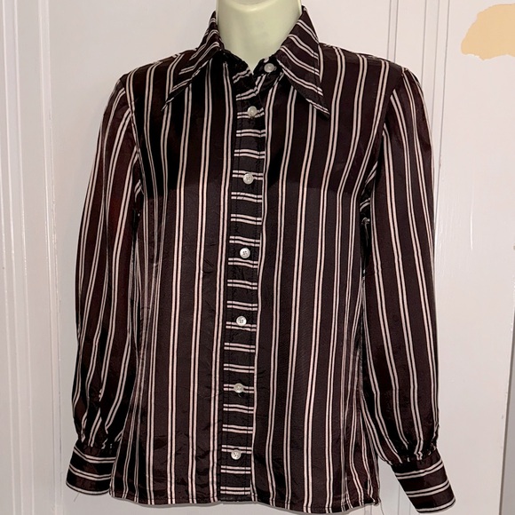 Vintage 70s HBW Brand Brown & Cream Striped Nylon Polyester Long Sleeve Shirt - Picture 1 of 9